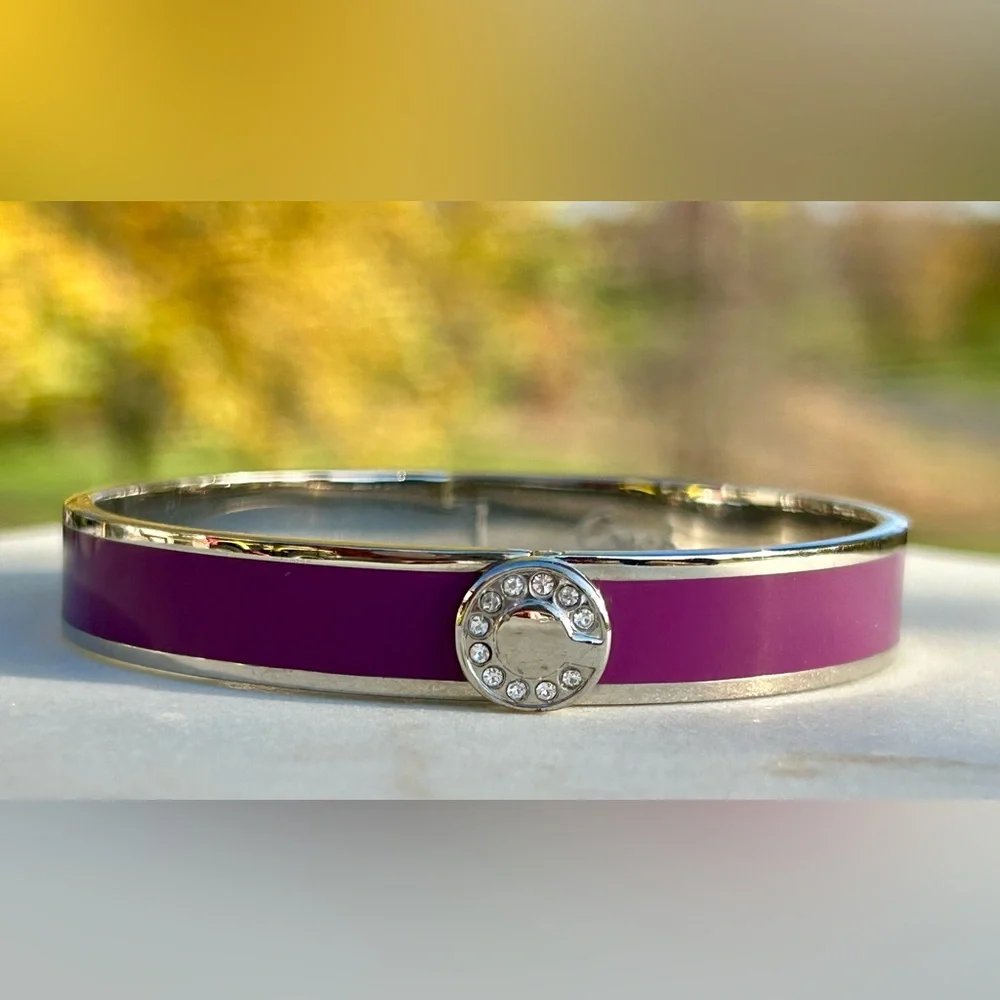 Coach Signature C Magenta Purple Silver Enameled Hinged Bangle Bracelet